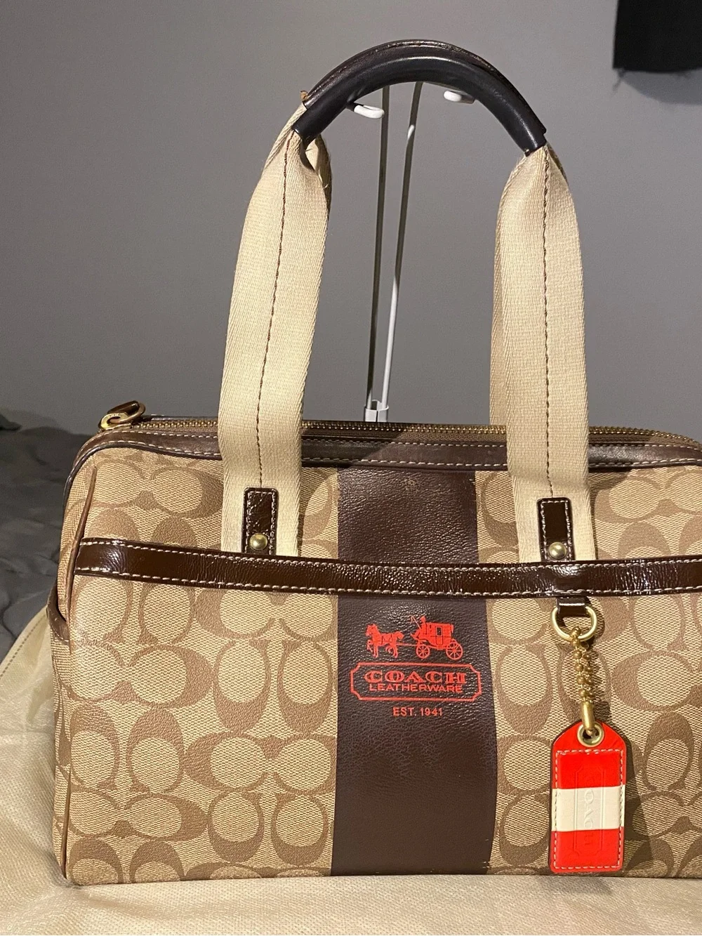 Coach Tan Signature Canvas Duffel with Brown Trim and Red Tag